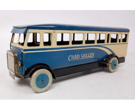 Chad Valley (UK) 1946 single decker bus, tinplate and clockwork, large scale version in blue and cream, with fixed key mechan