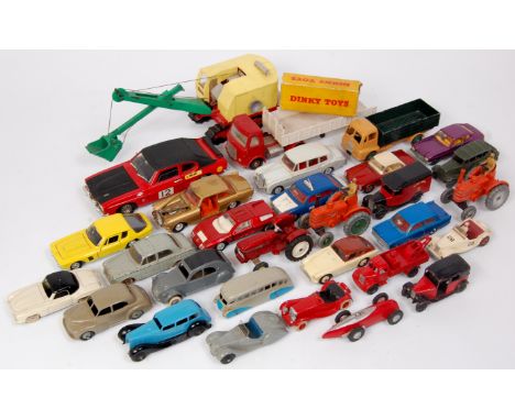 25+ mixed playworn, loose and repainted Dinky Toys and other diecast vehicles, French Dinky included, examples to include Fre