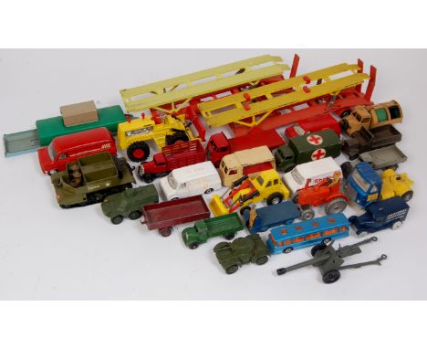 24 mixed playworn and repainted Dinky Toys Vehicles and accessories, examples to include Bedford Refuse Wagon, AEC articulate