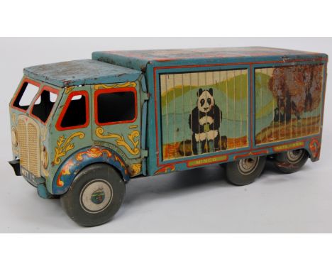 Mettoy (UK) "Bingo's Circus" tinplate clockwork Lorry, light blue cab with mid blue rear body, detailed tin printed example i