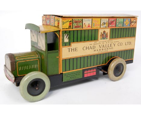 Chad Valley tinplate clockwork "Games Van", complete with opening rear door and catch, hand-painted balloon wheels, lithograp