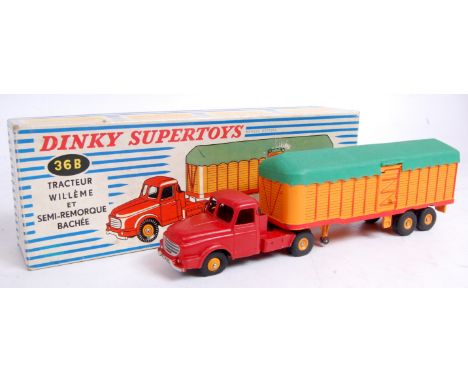 French Dinky Toys, 36-B, Willeme Tractor and closed trailer, red tractor with orange semi trailer and green plastic tilt, ora