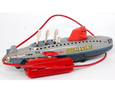 Marx Toys (Japan) Atomic Submarine, tinplate submarine model in grey, with detailed tin printed exterior, red plastic tower, 