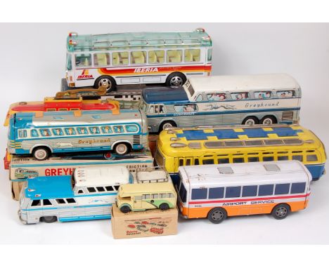 Tinplate Public Transport and Tram related group, to include Daiya of Japan Battery operated Greyhound Bus with horn, in the 