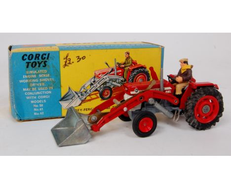 Corgi Toys, 69, Massey Ferguson 165 tractor and shovel, red and grey body with silver shovel, red plastic hubs, with figure d