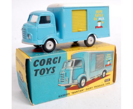 Corgi Toys, 435, Karrier Bantam 'Dairy Produce Van', light blue cab and back with white roof, yellow sliding door, flat spun 