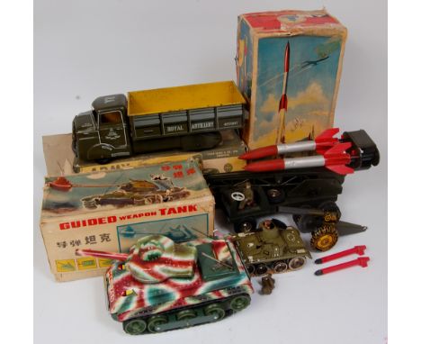 Tinplate Military Vehicle Group, 4 examples to include Louis Marx tinplate Army Transport Truck with Mobile Cannon, missing s