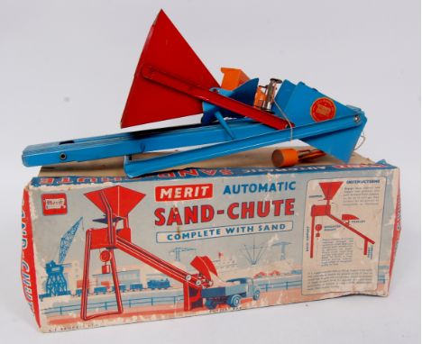 Tinplate Sand Chute by Merit of England, structure is blue with red hopper, with pulleys and orange trolley, in the original 