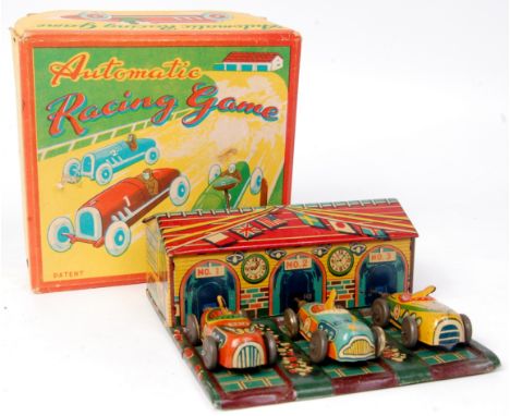 Haji (Japan) "Automatic Racing Game" 1950s, scarce example, comprising of tinplate Garage Building with 3 x spring loaded plu