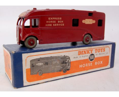 Dinky Toys, 581, 'British Railways' horsebox, maroon body with maroon hubs with British Railways transfers to sides, no horse