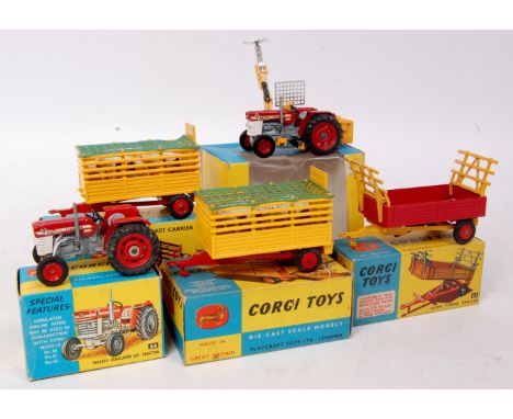 Corgi Toys boxed farming diecast group to include No. 73 Massey Ferguson 165 tractor with attachment, window split (VG-BG), N