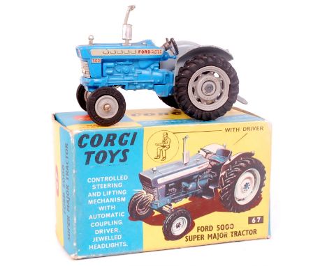 Corgi Toys, 67 Ford 5000 Super Major tractor, blue and grey body with grey plastic hubs, jewelled headlights with seated driv