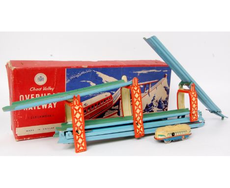 Chad Valley (UK) tinplate and clockwork Overhead Railway, comprising of blue tinplate track, with orange and cream supports, 