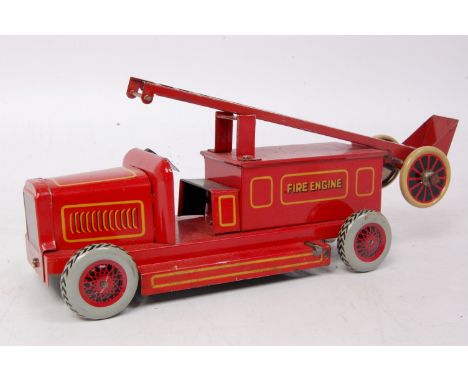 Chad Valley Ubilda tinplate and clockwork fire engine, made-up model in red with detailed tinprinting, with clockwork motor, 
