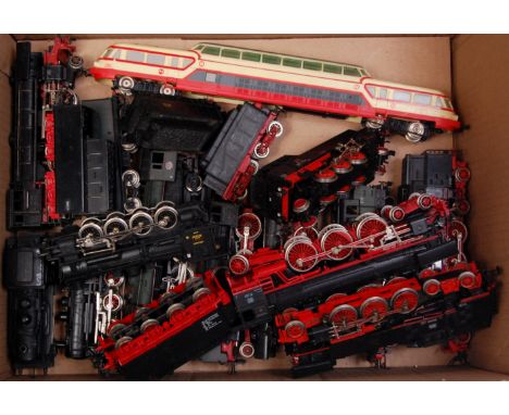 Box containing 12 H0 continental outline steam locomotives, various makers including Fleischmann and a Jouef SNCF 'Panoramiqu