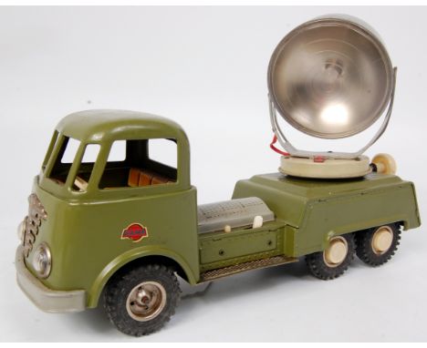 Gama (Germany) large tinplate Army Searchlight Truck, friction driven example in military green, with battery operated search