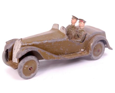 Britains No.1448 Army Staff Car, military green body with 2 Staff Officers, solid metal wheels, some play wear (F)