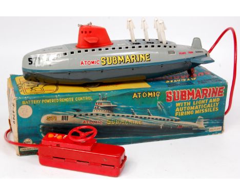 Marx Toys (Japan) Atomic Submarine, tinplate submarine model in grey, with detailed tin printed exterior, red plastic tower, 