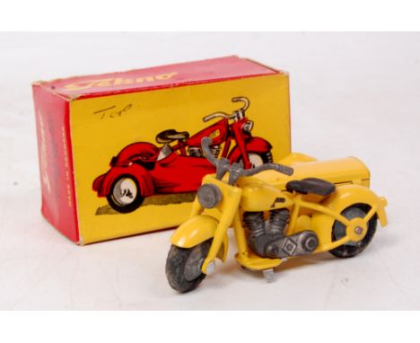 Tekno, No. 764, Motorcycle with closed sidecar, yellow with base metal wheels, engine and handlebars, with Harley transfer to