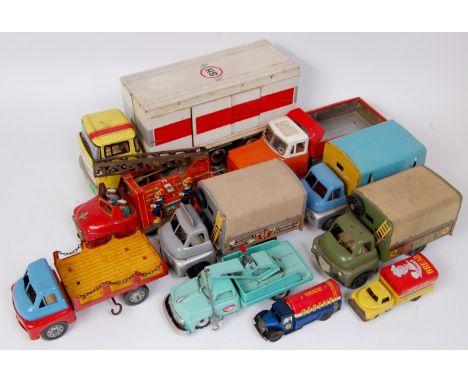 Mixed Tinplate Commercial and Emergency Services vehicles, 10 examples to include Wells Brimtoy, Marusan of Japan, Mettoy and