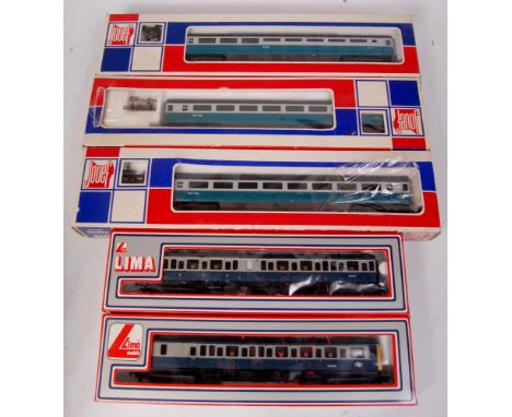 Mixed 00 gauge Lima 3 car blue/grey DMU, 3 InterCity blue/grey coaches, Hornby BR green 3 car class 110 DMU (F-G)