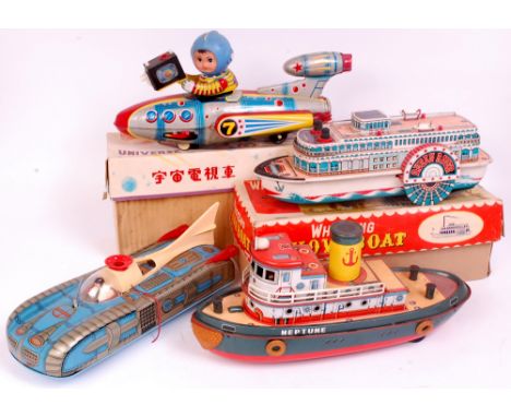 Tinplate Space Vehicle and Boat Group, 4 examples to include Modern Toys of Japan Battery Operated Whistling Show Boat (G-BG)