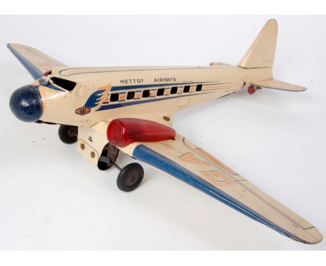 Mettoy (UK) tinplate clockwork Airliner , cream example with "Mettoy Airways" livery, two red plastic sparking engine covers 