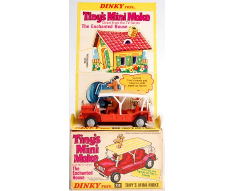 Dinky Toys, 350, Tiny's Mini Moke, orange body with striped top white canopy, in the original all card box, with packing ring