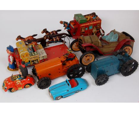 Mixed lot of various Tinplate Toys and Collectors Models, to include a large scale Tri-ang Minic tractor with black rubber ty