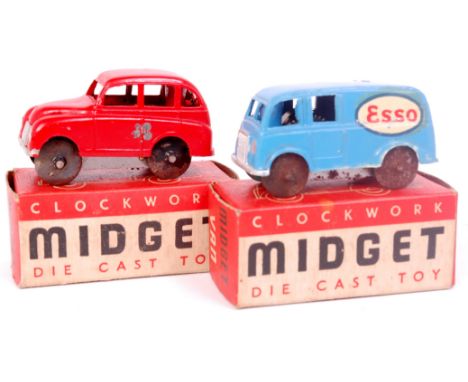 Chad Valley Midget Series Clockwork diecast group, to include Midget Saloon, in red with silver detailed grille (G-BG) and a 