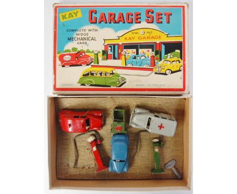 Kay (England) Garage Boxed Set, comprising of Mechanical Ambulance, Mechanical Fire Engine and 1 blue Mechanical saloon, with