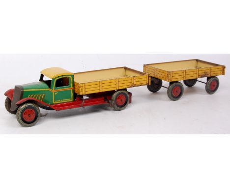Wells (UK) tinplate hopper lorry and trailer, very scarce item comprising of long bonneted tipper lorry with green cab, yello