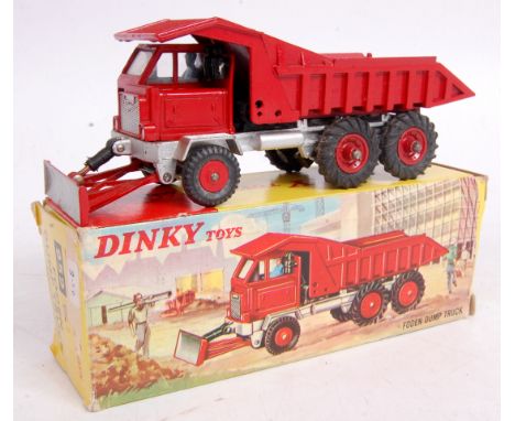 Dinky Toys, 959, Foden Dump Truck with Bulldozer, deep red body and back, with silver chassis and silver blade, red hubs (fro