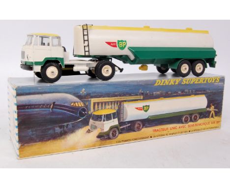 French Dinky Toys, 887, Unic Articulated BP Tanker, white, green and lemon yellow cab and trailer, with white plastic hubs, w