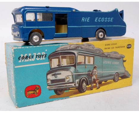 Corgi Toys, 1126, Ecurie Ecosse Racing Car Transporter, metallic dark blue body with light blue raised lettering, spun hubs, 