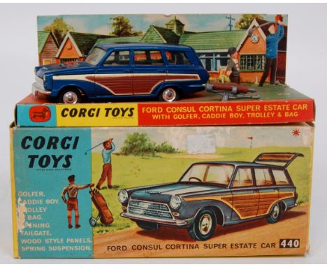 Corgi Toys, 440, Ford Consul Cortina Super Estate car, metallic dark blue with brown side panels, cream interior, with plasti