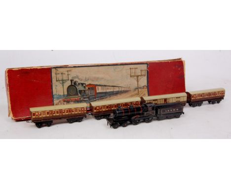 A rare Bing 2mm scale LNWR engine and tender with 4 coaches, push-along toy, c1910 in box outer, all very good for age, early
