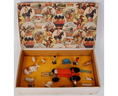Crescent No.2703 Farm Set, comprising of orange tractor with black tyres, with driver figure, 10 assorted farm animals, farm 