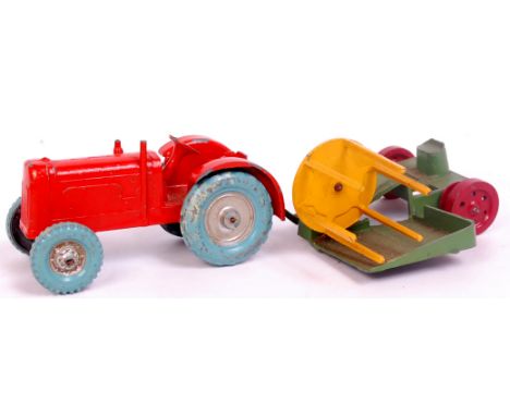 Crescent Toys, Tractor and Reaper, Tractor with orange body and silver hubs and blue wheels, Reaper in green with red wheels 