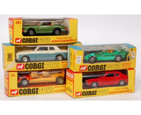 Corgi Toys Window Boxed and Whizzwheels diecast group, 5 boxed models to include No.165 Adams 4-Engine Drag-star, red to yell