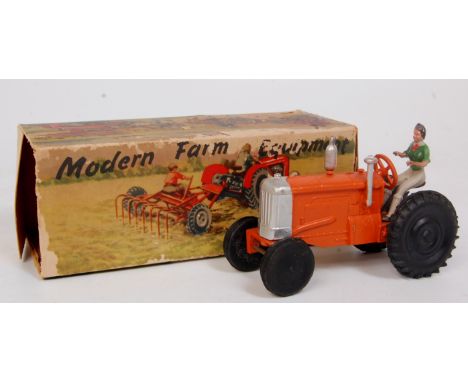 Crescent Toys, Farm Tractor, orange body with silver detailing and lady driver, very little fatigue with black rubber wheels,