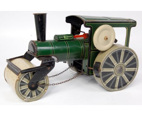 Unmarked, tinplate lithographed steam roller with working clockwork motor (clock spring), green/black, possibly 1940s English