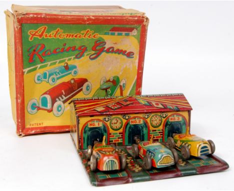 Haji (Japan) "Automatic Racing Game" 1950s, scarce example, comprising of tinplate Garage Building with 3 x spring loaded plu