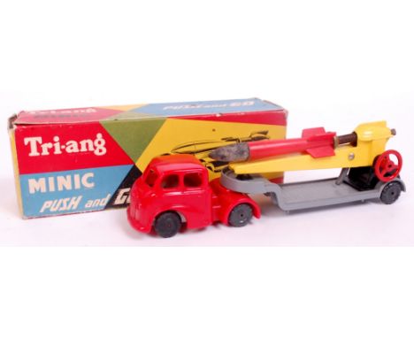 Tri-ang Minic Push and Go, No.000 Mechanical Horse Low Loader and Rocker Projector, red plastic tractor unit, with grey low l