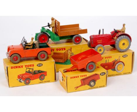 Dinky Toys Boxed playworn Farming and Agricultural Group, 4 examples to include No. 300 Massey Harris Tractor (F-BG), No.340 