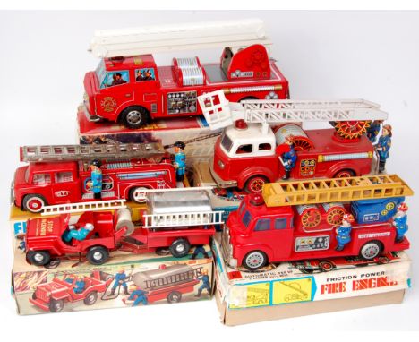 5 mixed boxed tinplate fire service vehicles to include KO of Japan Ladder Fire Engine (G-BG), Horikawa of Japan Battery Oper