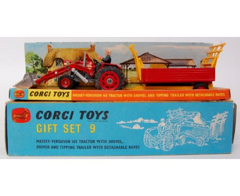 Corgi Toys, Gift Set 9, Tractor Trailer and Shovel set, to include No. 66 Massey Ferguson 165 tractor with shovel, No. 62 tip