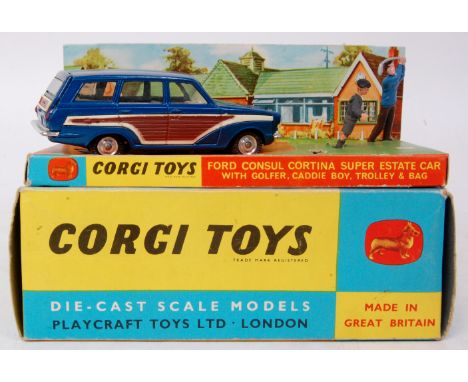 Corgi Toys, 440, Ford Consul Cortina Super Estate car, metallic dark blue with brown side panels, cream interior, with plasti