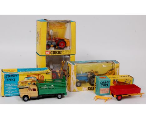 Corgi Toys Boxed Farming Group to include No.73 Massey Ferguson 165 Tractor, playworn example and box window crushed (F-G-BFG
