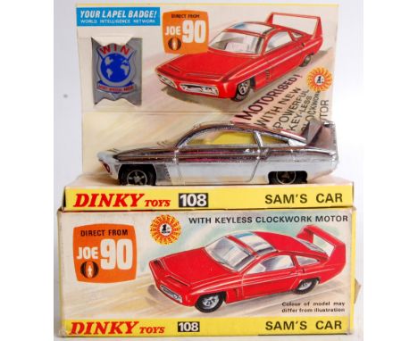 Dinky Toys, 108, Sam's Car, chrome body with lemon interior and red engine cover, in the original card box with sliding tray 